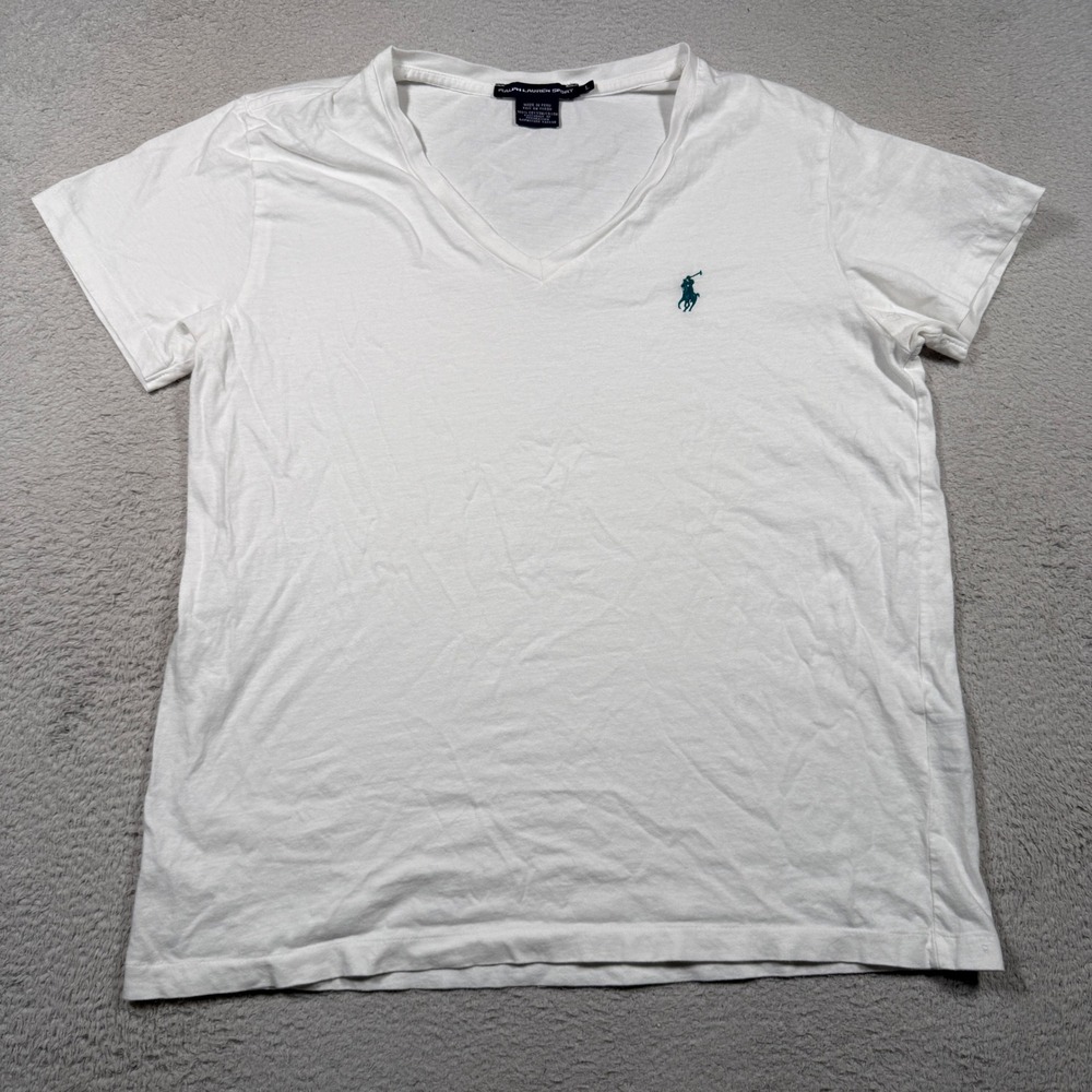 Vintage Y2K Ralph Lauren Sport V-Neck Tee Women L White Green Pony Everyday